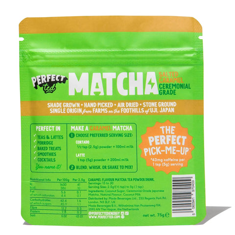 back of pack of a salted caramel matcha pouch